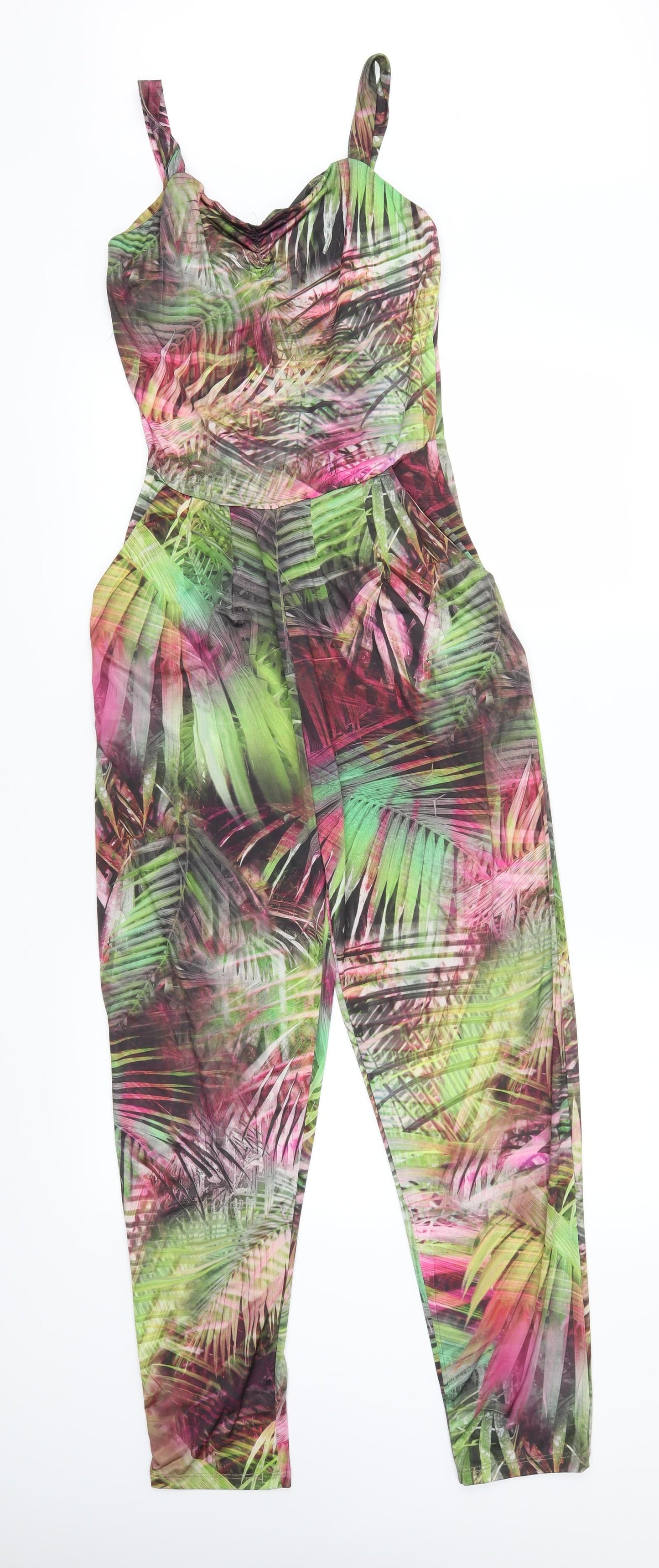Love Label Womens Pink Flecked  Jumpsuit One-Piece Size 8 L27 in - Green Palm Leaves