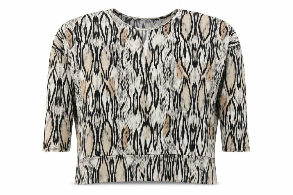 Front view of Preworn women’s beige animal print t-shirt, size L