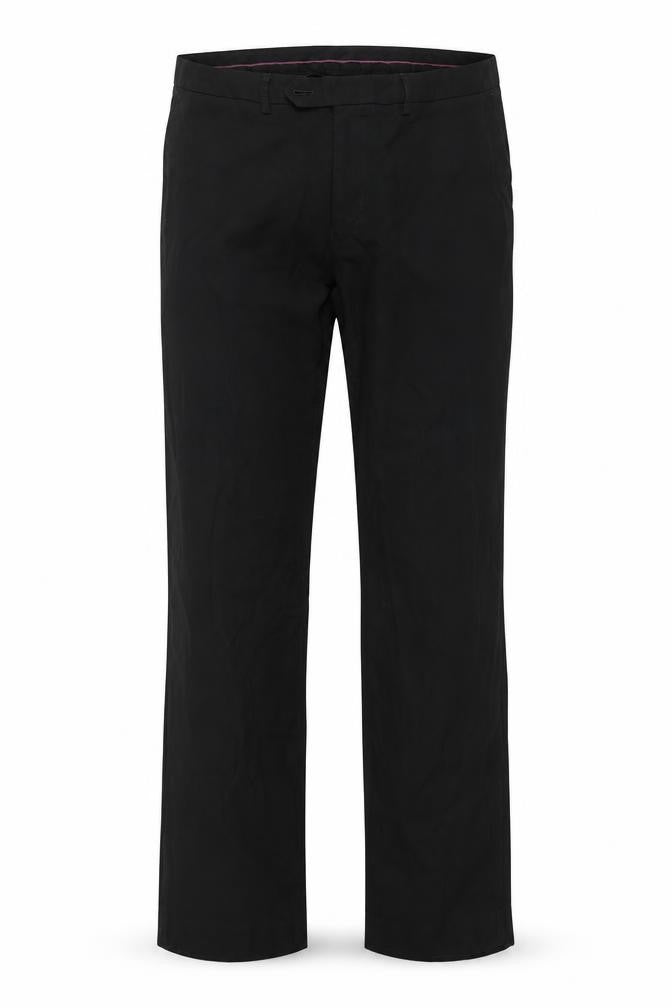 Front view of Preworn men’s black trousers, size 36, in, 31-inch leg