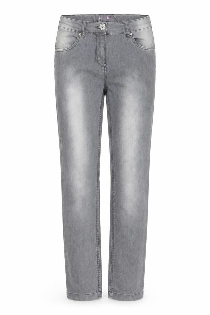 Front view of women’s grey straight jeans, size UK 26, in, 25-inch leg