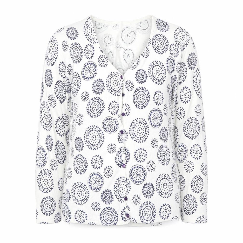 Front view of Preworn women’s white floral cardigan jumper, size UK 6