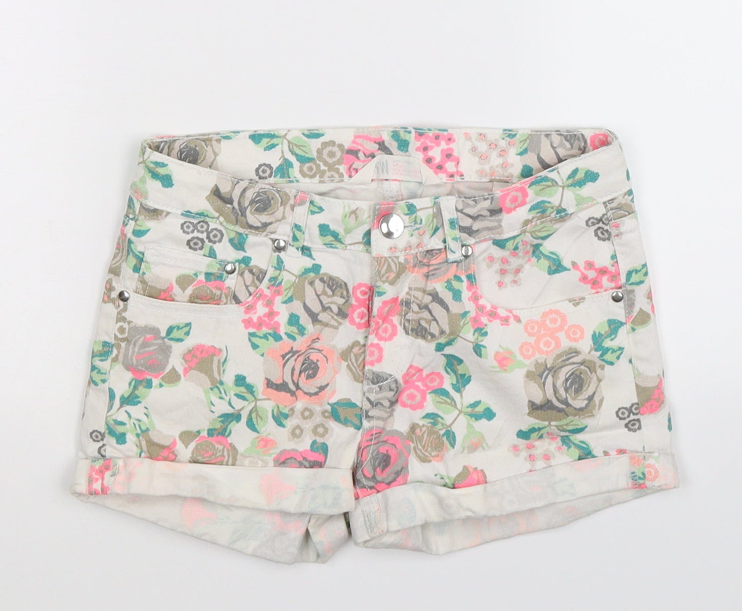 H&M Girls White Floral Denim Hot Pants Shorts Size 11-12 Years