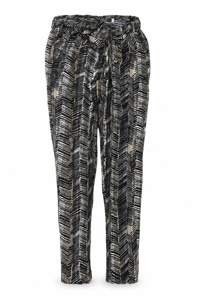 Front view of Preworn women’s black striped trousers, size UK 14, 26-inch leg