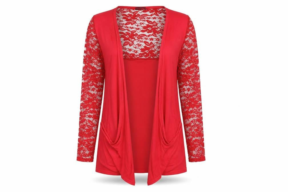 Front view of Whats Up women’s red floral cardigan jumper, size M