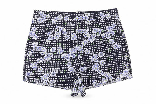 Front view of Missguided women’s black floral hot pants shorts, size UK 10