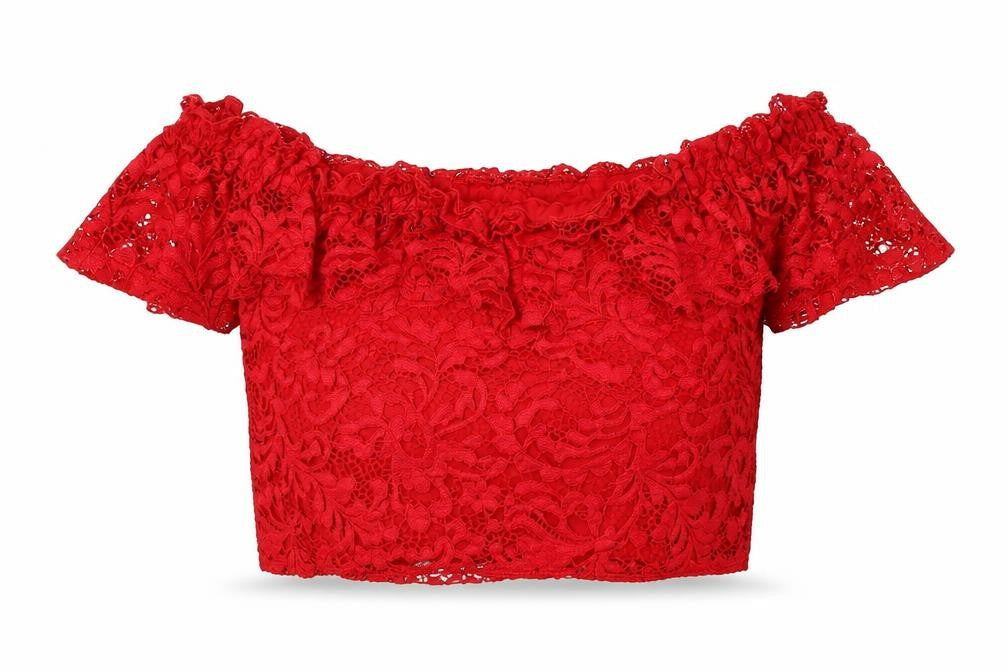 Front view of Miss Selfridge women’s red floral lace cropped t-shirt, size UK 12