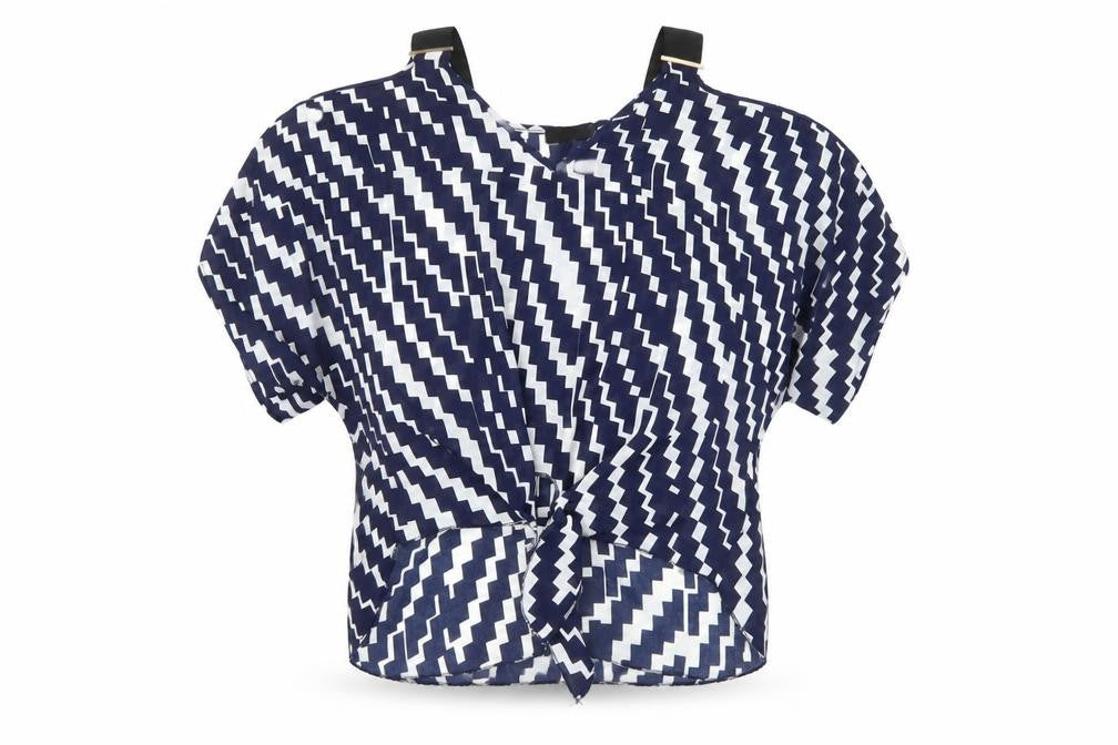 Front view of Vinceotto women’s blue geometric mesh basic blouse, size L, - open shoulders