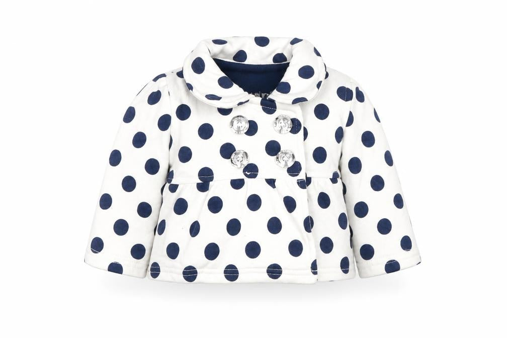 Front view of Early Days girls’ white polka dot jacket, size 3-6, months