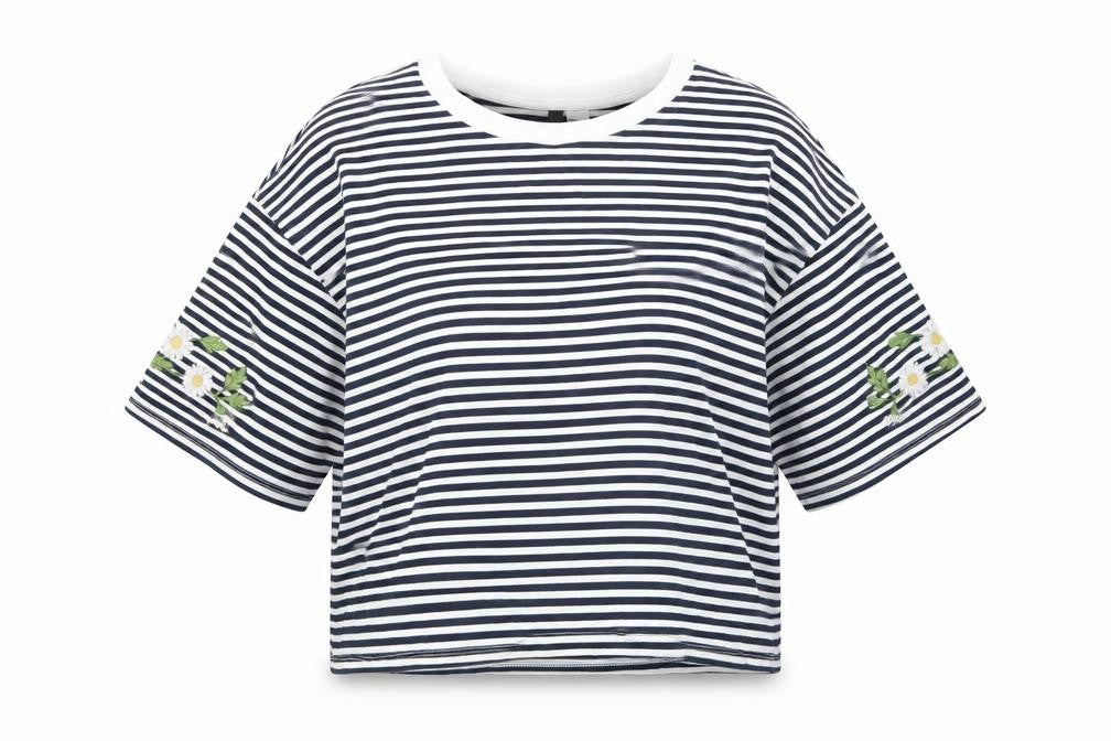 Front view of round women’s blue striped basic t-shirt, size M
