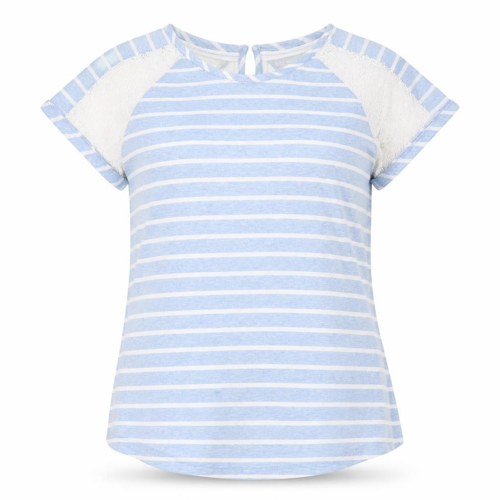 Front view of Marks & Spencer women’s beige striped basic t-shirt, size UK 12