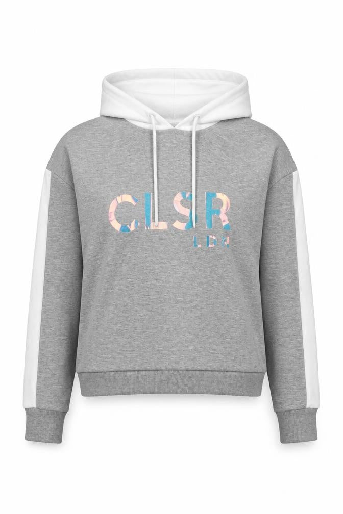 Front view of Closure women’s grey pullover hoodie, size UK 10