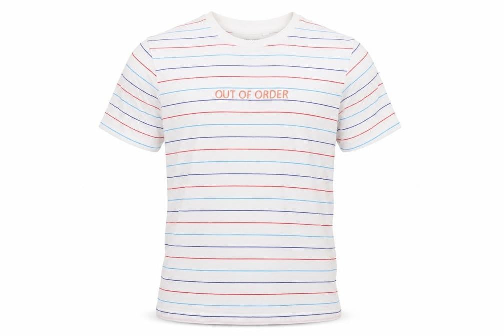 Front view of Primark men’s white striped jersey t-shirt, size S, - out of order