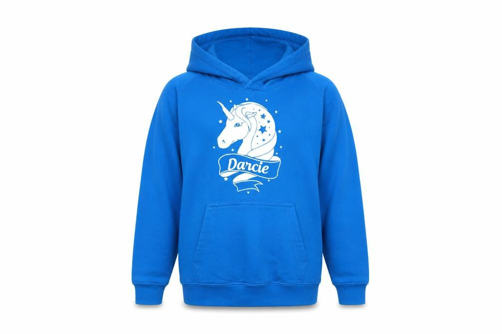 Front view of Awdis girls’ blue pullover hoodie, size 9-10, years - unicorn-darcie