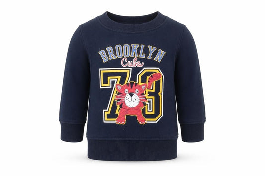 Front view of Rebel boys’ blue jumper, size 9-12, months - brooklyn