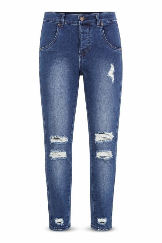 Front view of ILLUSIVE LONDON women’s blue denim mom jeans, size XS