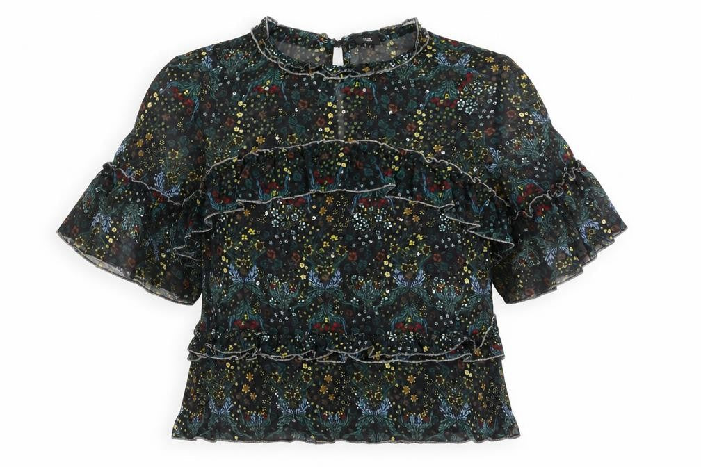Front view of River Island women’s black floral mesh basic blouse, size UK 8