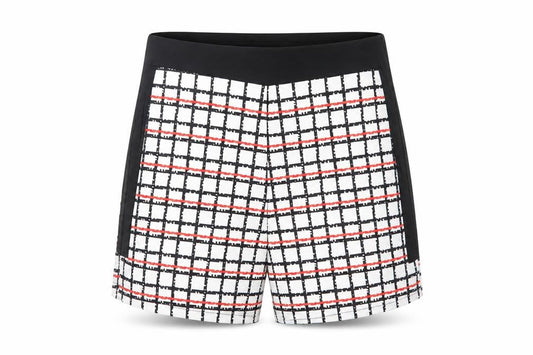Front view of Missi women’s white check mom shorts, size UK 14
