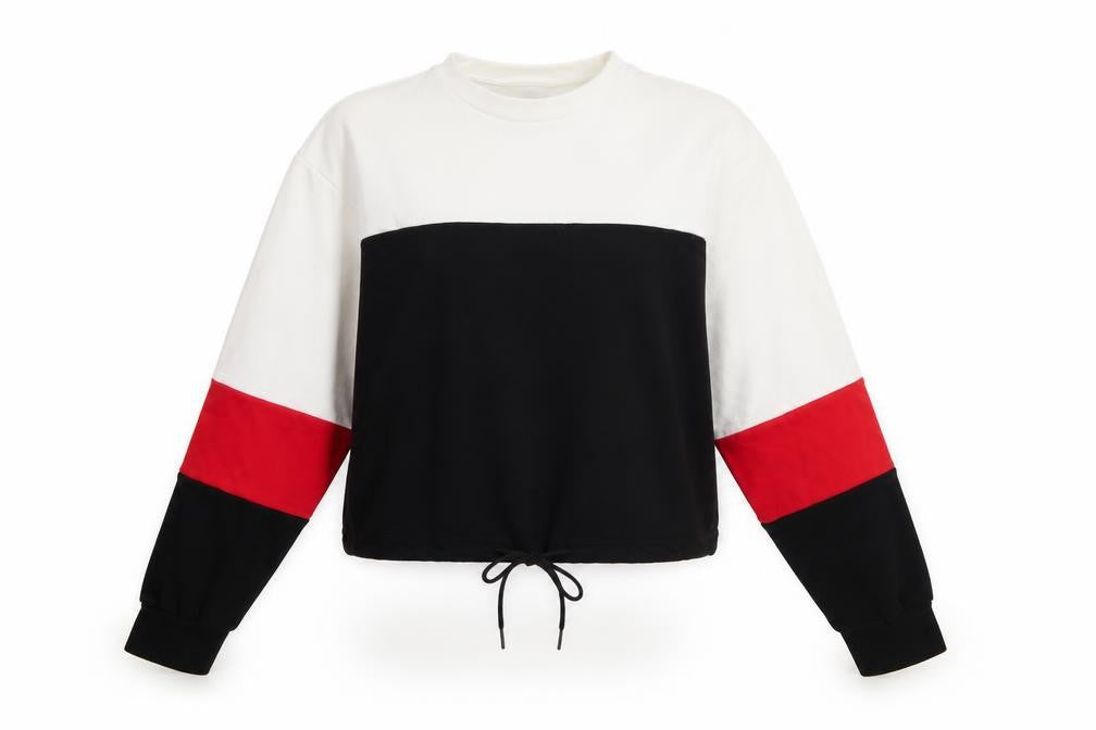 Front view of women’s multicoloured striped jersey pullover sweatshirt, size S