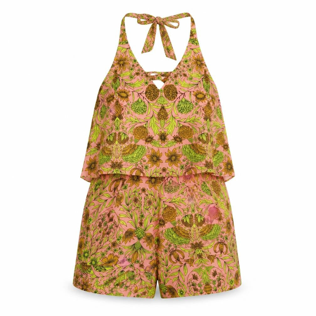 Front view of H&M women’s pink floral chiffon playsuit one-piece, size UK 10, 3-inch leg