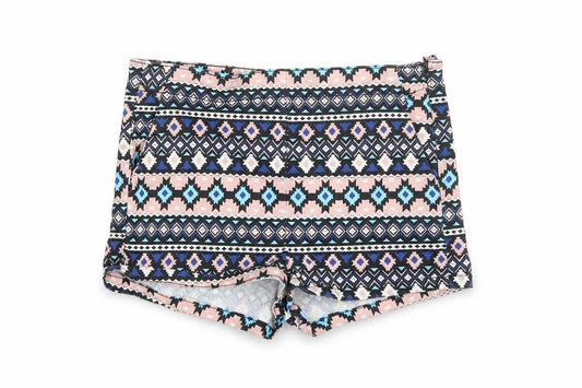 Front view of H&M women’s multicoloured geometric cut-off shorts, size UK 12