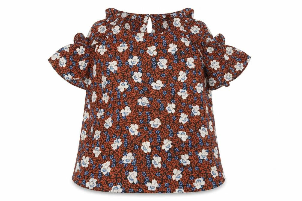 Front view of Dorothy Perkins women’s orange floral chiffon basic blouse, size UK 12