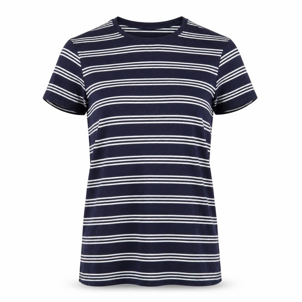 Front view of ASOS women’s blue striped basic polo, size UK 10