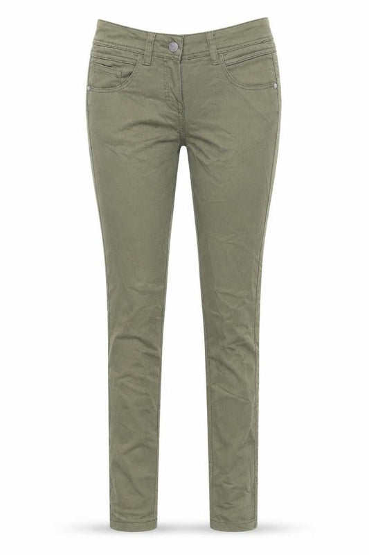 Front view of Crafted women’s green denim skinny jeans, size UK 8, 30-inch leg