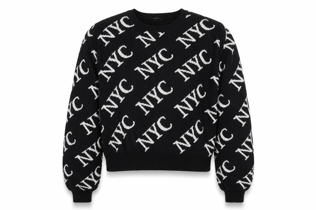 Front view of New Look girls’ black geometric knit jumper, size 12-13, years - nyc