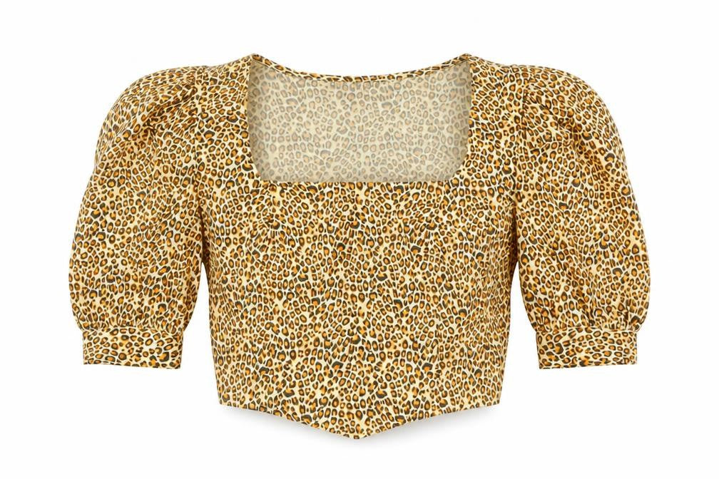 Front view of Topshop women’s brown animal print basic blouse, size UK 8