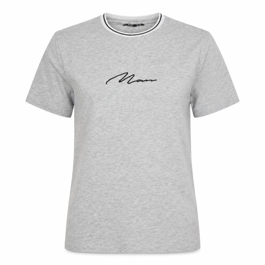 Front view of boohooMAN women’s grey basic t-shirt, size S