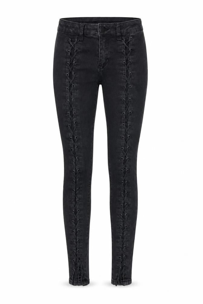 Front view of S women’s black denim skinny jeans, size UK 26, in, 28-inch leg - tie sided detail
