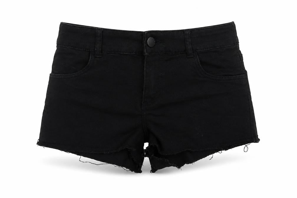 Front view of Preworn women’s black hot pants shorts, size UK 4
