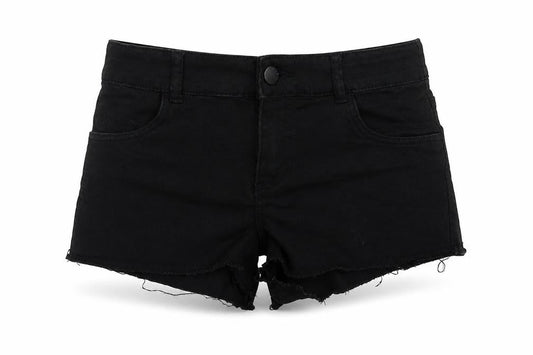 Front view of Preworn women’s black hot pants shorts, size UK 4
