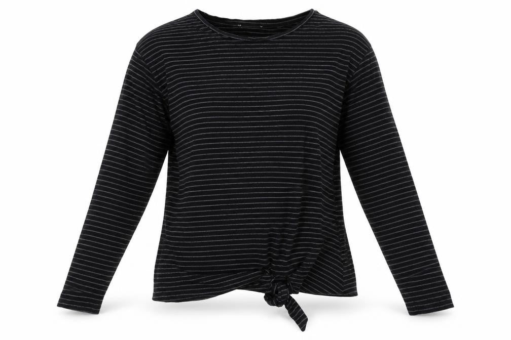 Front view of Warehouse women’s black striped basic t-shirt, size UK 8