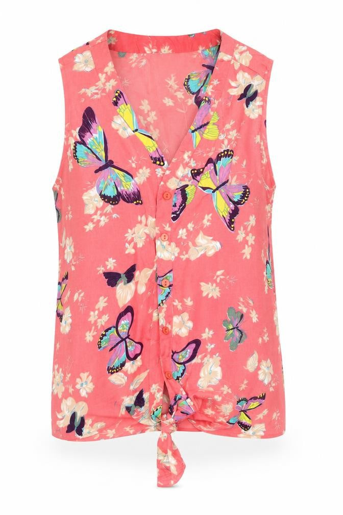 Front view of purple flame women’s pink floral basic blouse, size S