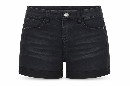 Front view of Denim & Co. women’s black hot pants shorts, size UK 4