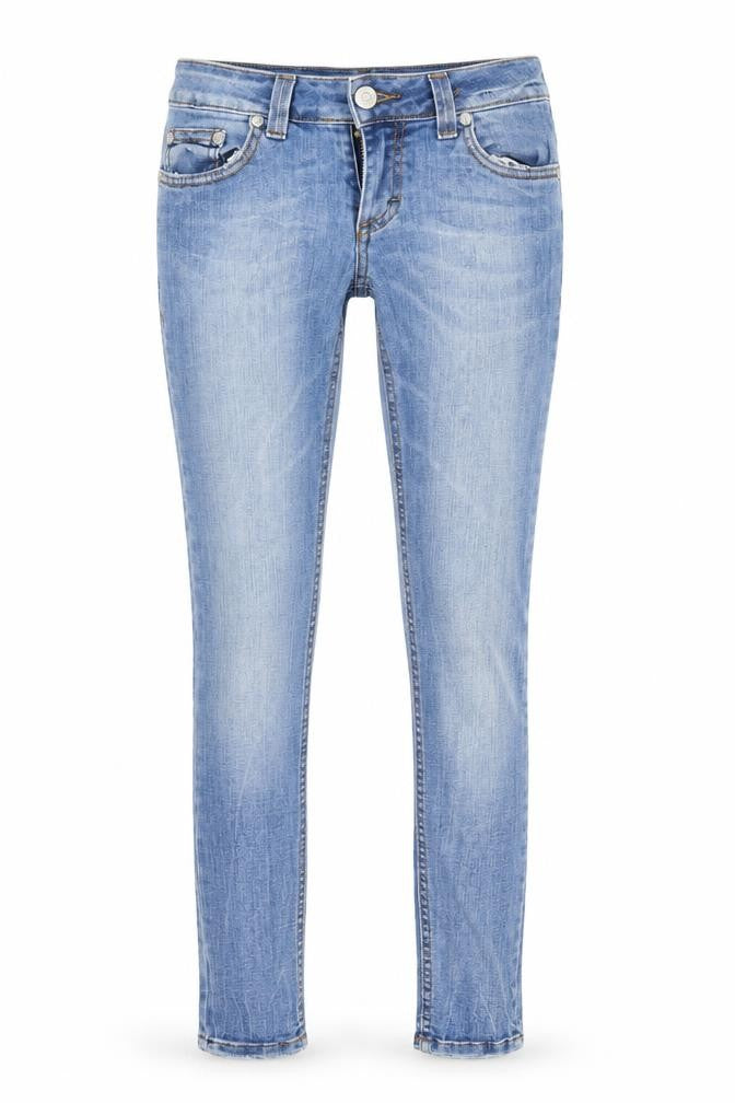 Front view of women’s blue straight jeans, size S, 30-inch leg