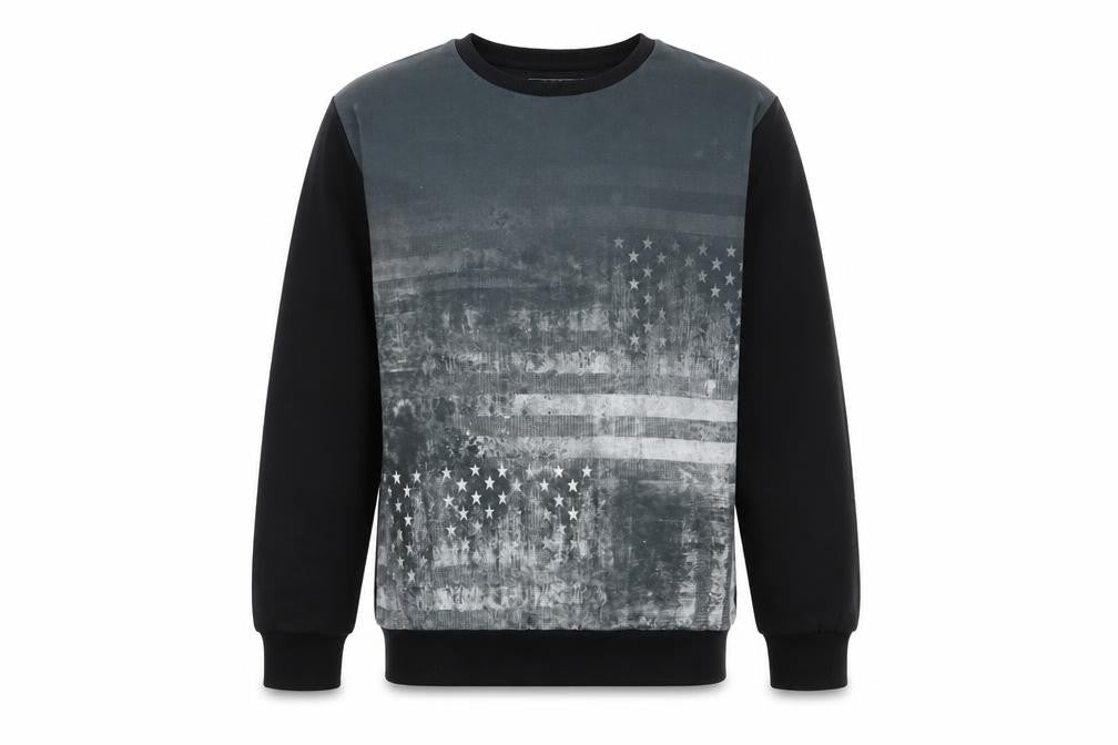 Front view of Rebel boys’ black pullover sweatshirt, size 12-13, years - stars and stripes american flag