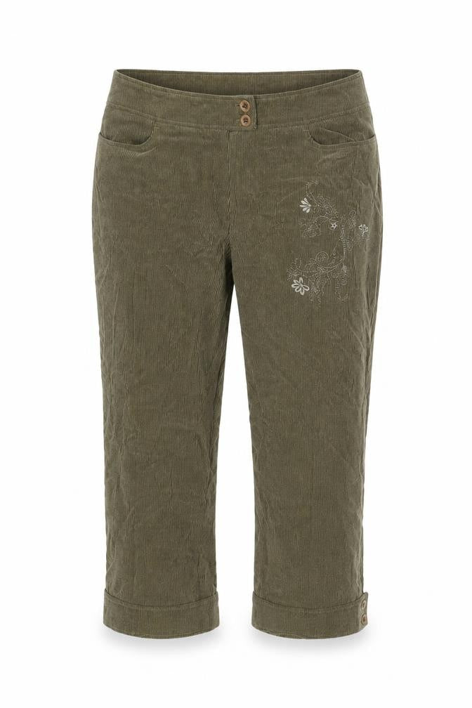Front view of FSR women’s green floral corduroy cropped trousers, size UK 34, in, 23-inch leg
