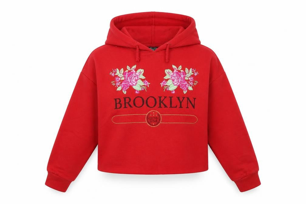 Front view of New Look girls’ red pullover hoodie, size 12-13, years - cropped