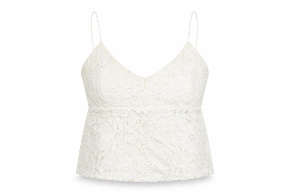 Front view of River Island women’s white lace cropped tank, size UK 8