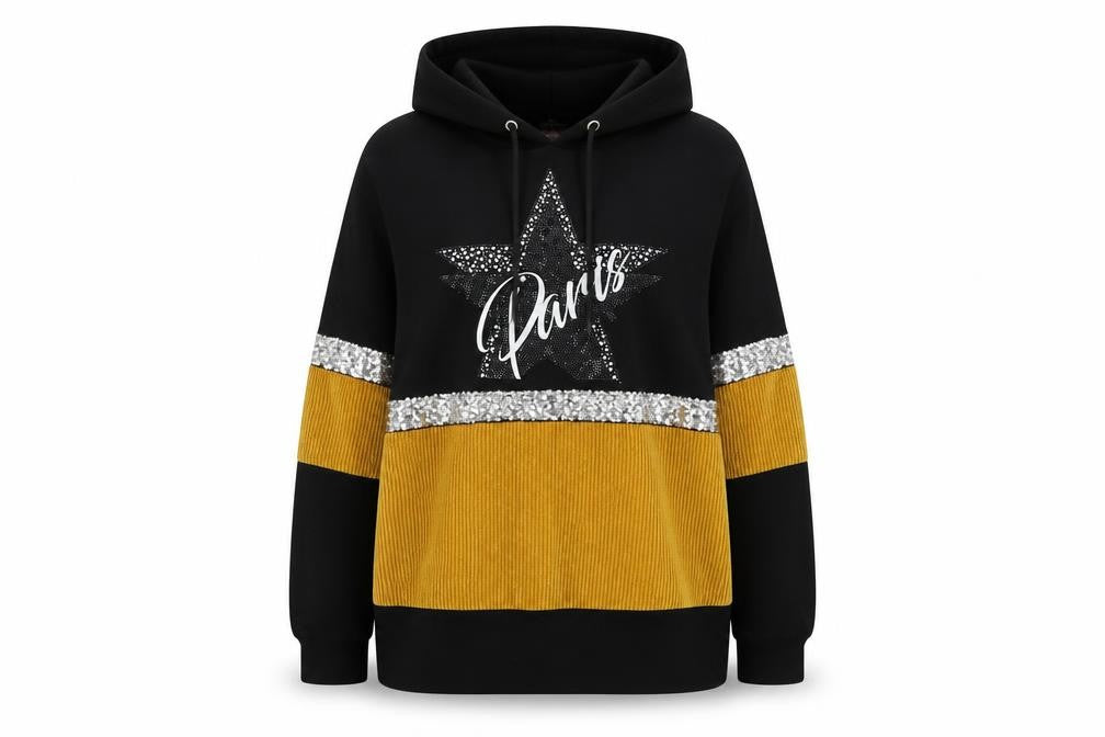 Front view of HORA women’s black pullover hoodie, size M