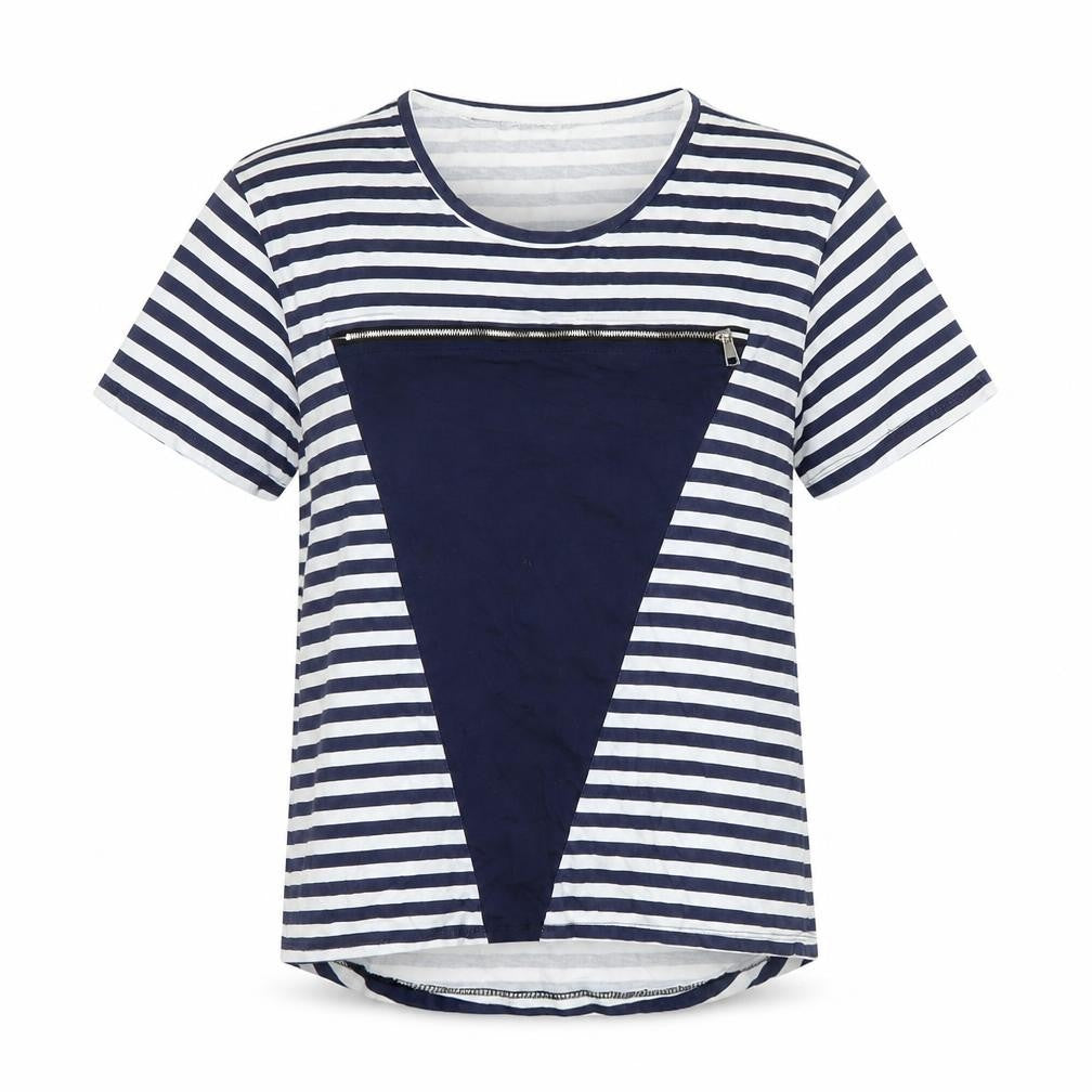 Front view of Preworn women’s blue striped basic t-shirt, size XL