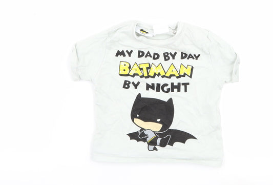 Front view of Zara Baby Blue Basic T-Shirt, size 3-6, Months - batman dad slogan