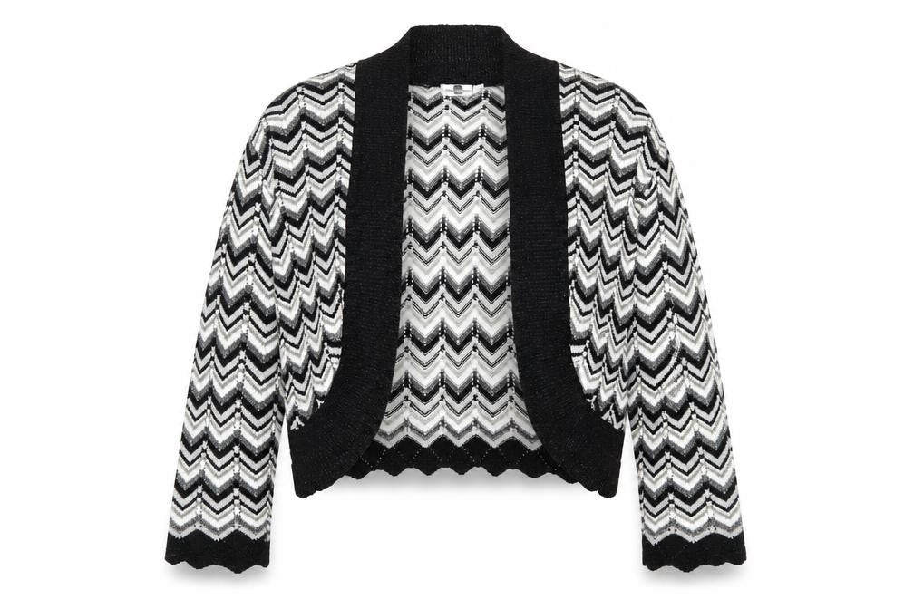 Front view of Sixth Avenue women’s black striped knit cardigan jumper, size L
