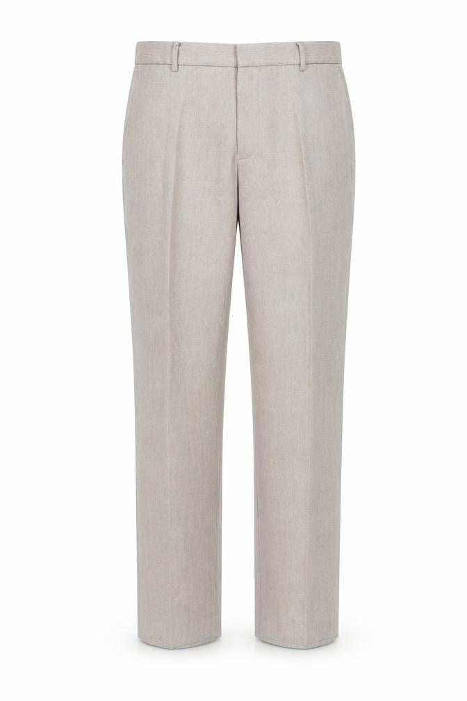 Front view of pre worn men’s beige trousers, size M, 32-inch leg