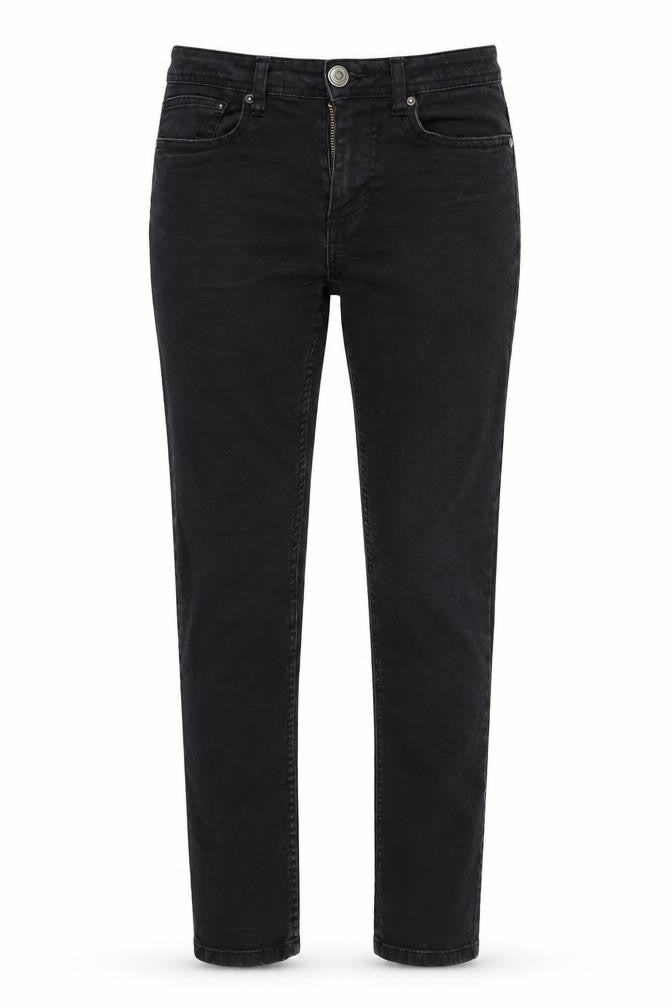 Front view of women’s black straight jeans, size S, 30-inch leg