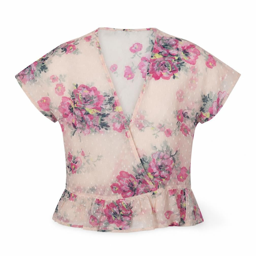 Front view of Marks & Spencer girls’ pink floral kimono blouse, size 5-6, years