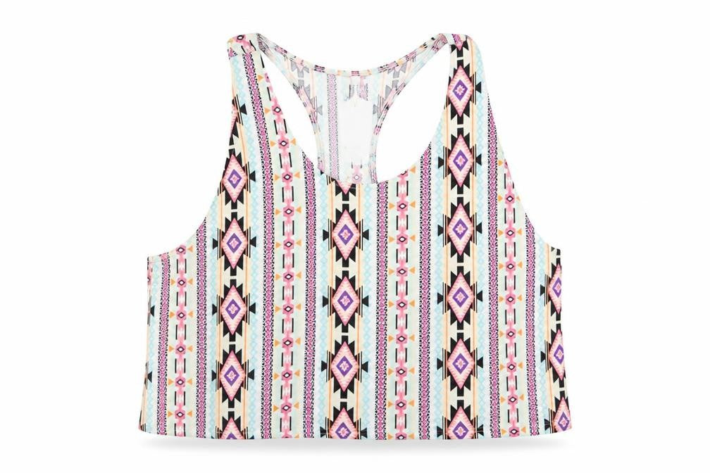 Front view of Divided women’s multicoloured geometric cropped tank, size S