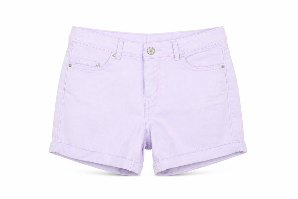 Front view of Denim CO women’s purple cut-off shorts, size UK 6